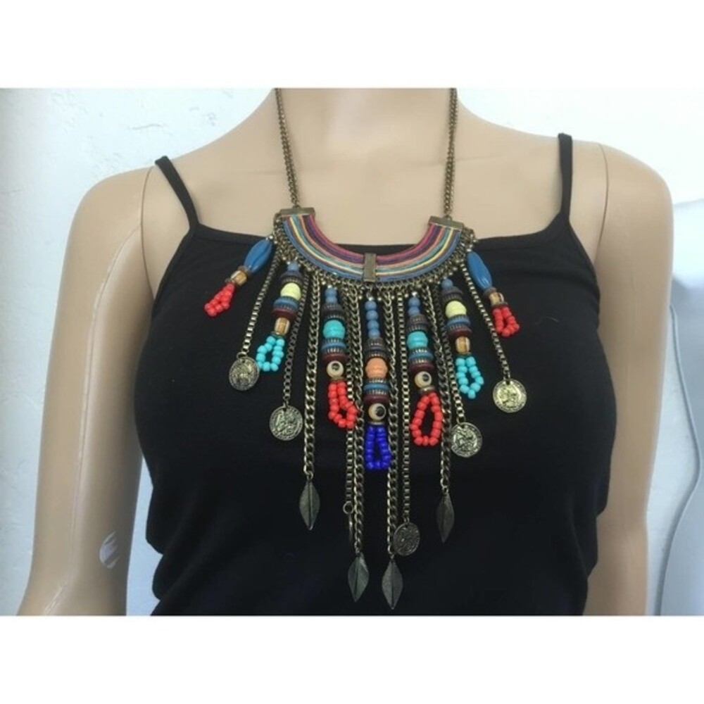 Gold Tone Gypsy Feather Coins eyes Bib Necklace